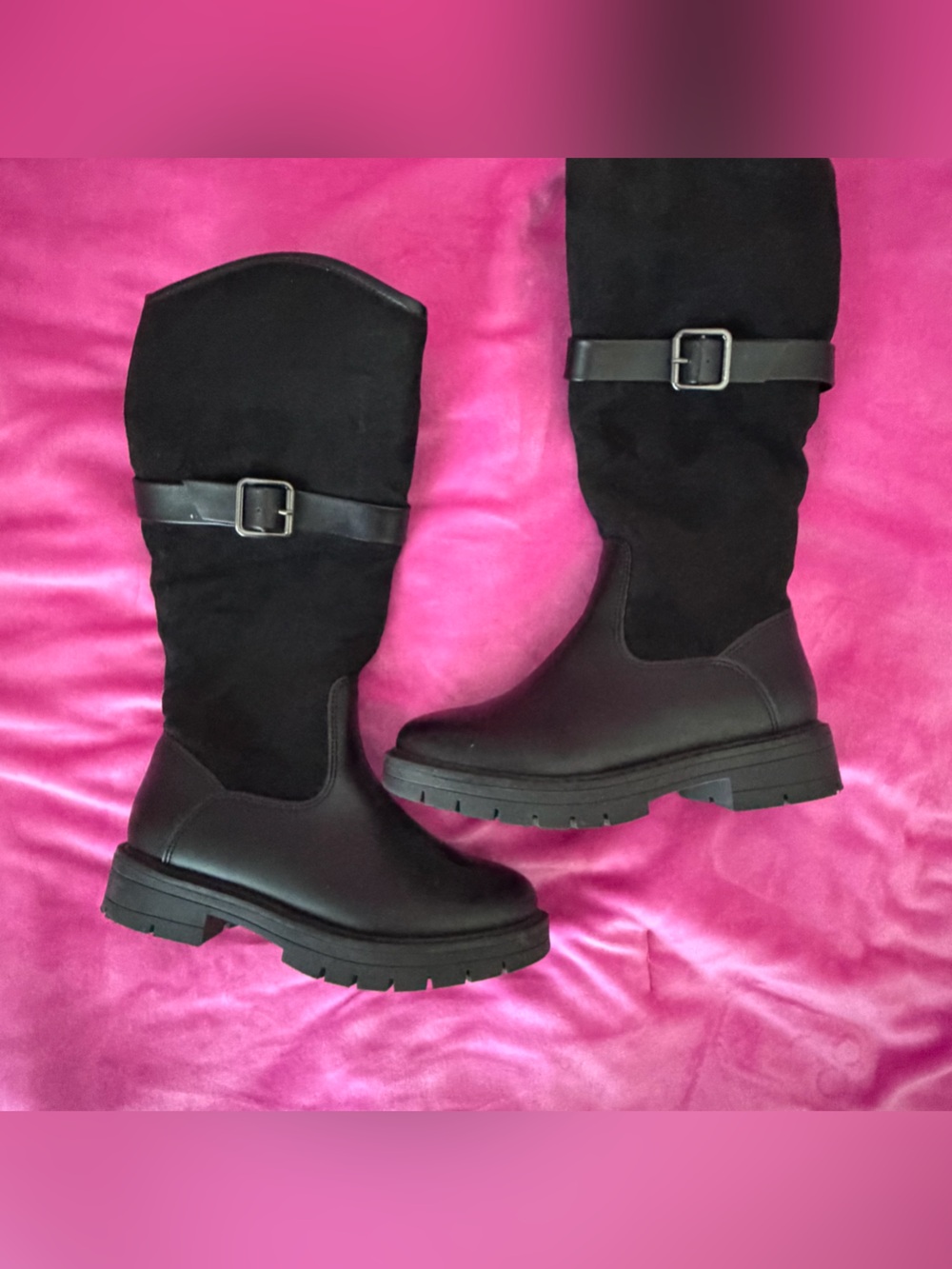 Black Mid-Calf Buckle Heeled Boots